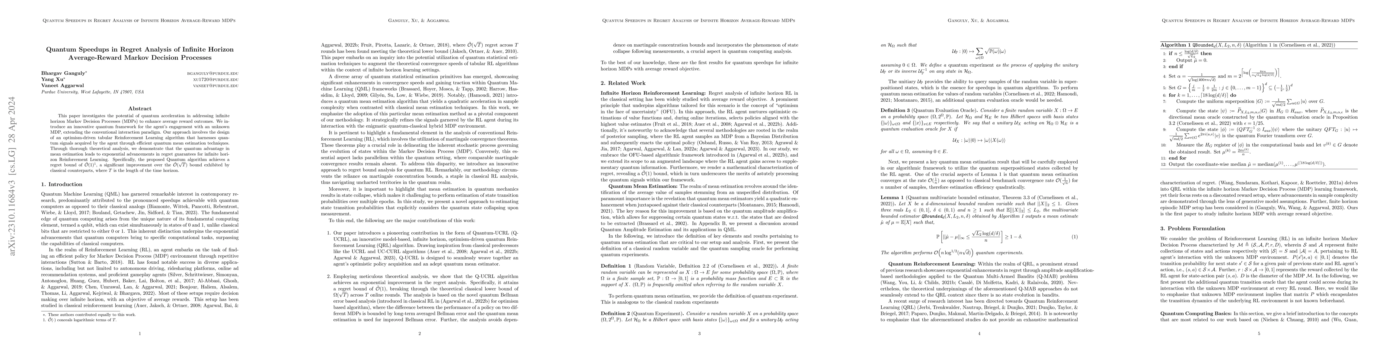 Thumbnail for Quantum Speedups in Regret Analysis of Infinite Horizon Average-Reward
  Markov Decision Processes