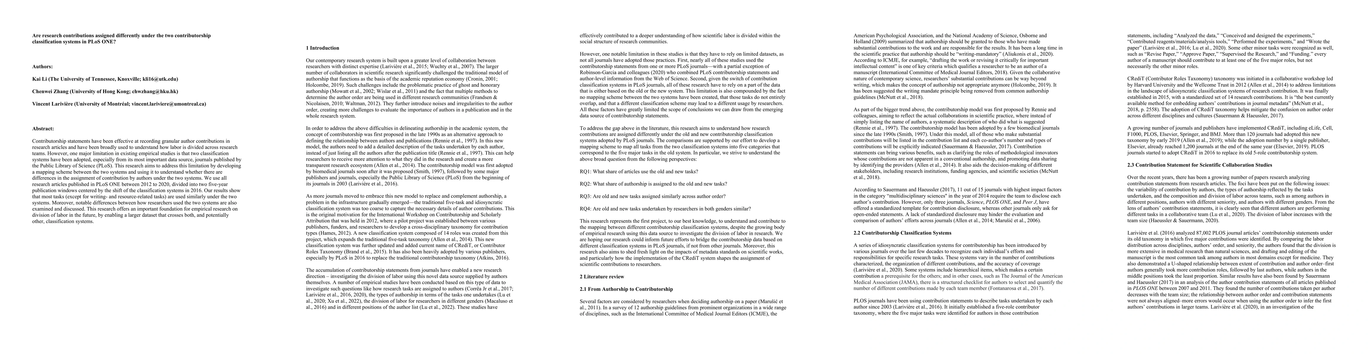 Thumbnail for Are research contributions assigned differently under the two
  contributorship classification systems in PLoS ONE?
