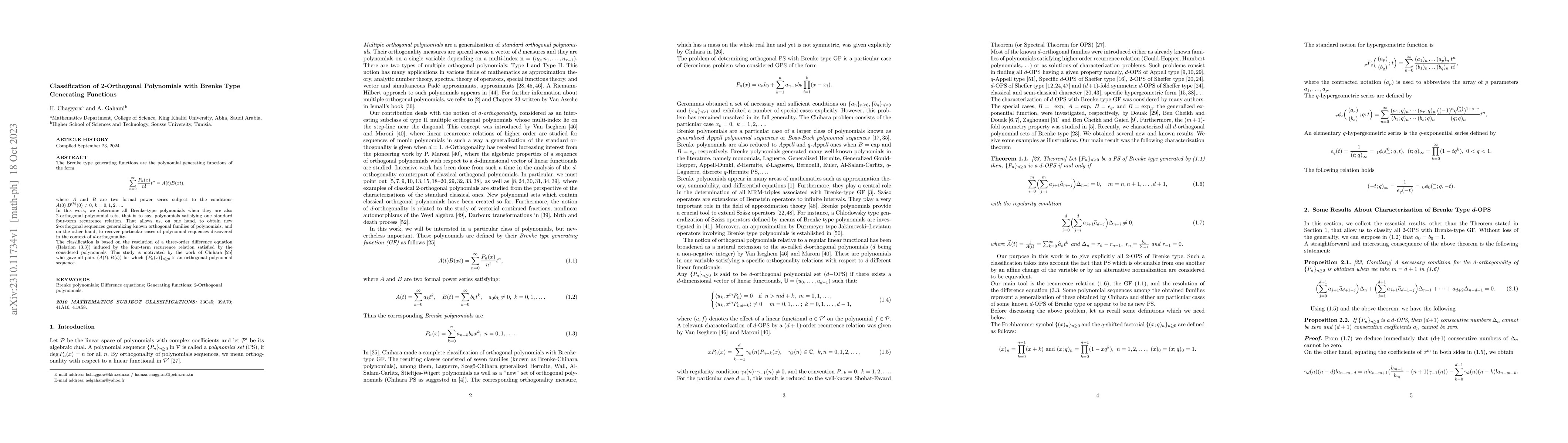 Thumbnail for Classification of 2-Orthogonal Polynomials with Brenke Type Generating
  Functions