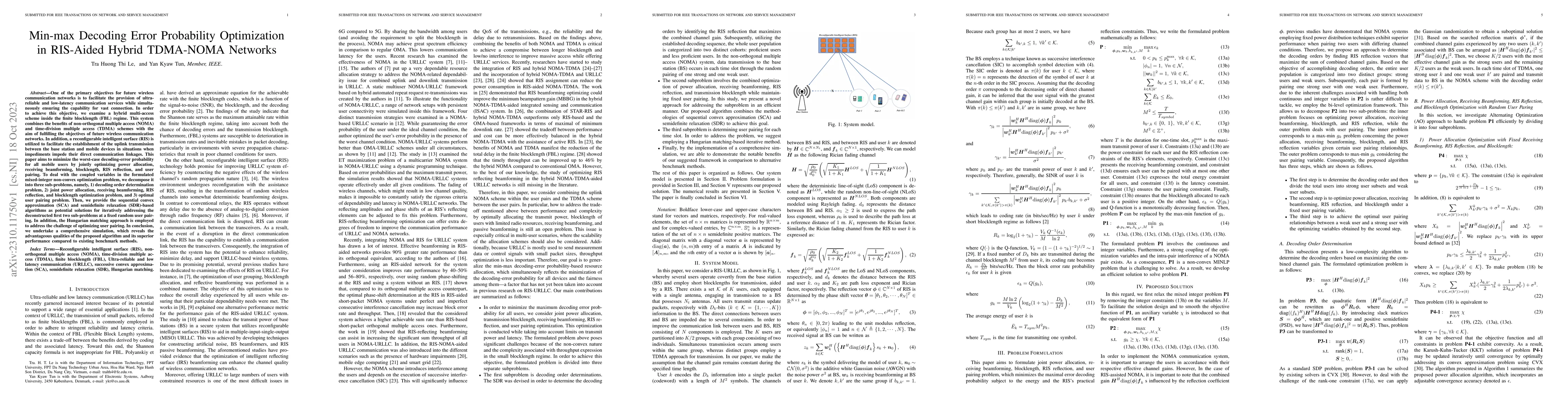 Thumbnail for Min-max Decoding Error Probability Optimization in RIS-Aided Hybrid
  TDMA-NOMA Networks