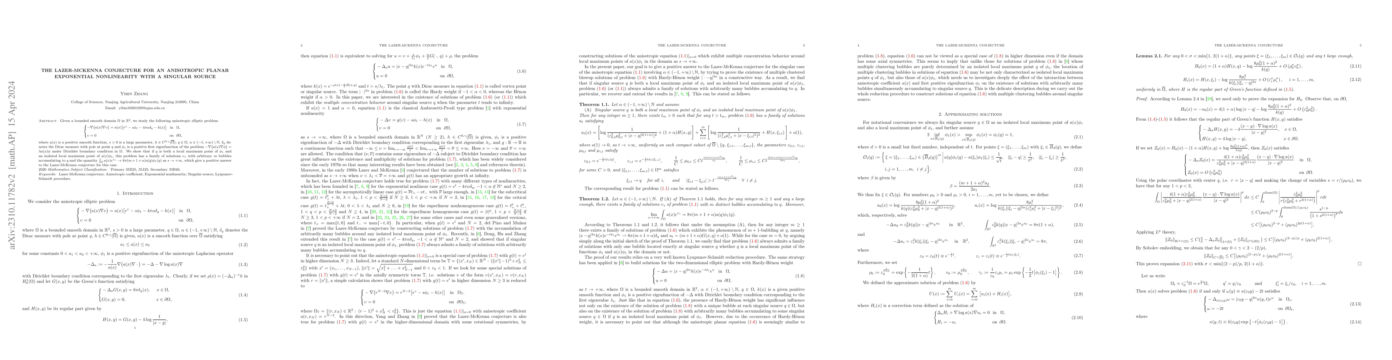 Thumbnail for The Lazer-McKenna conjecture for an anisotropic planar exponential
  nonlinearity with a singular source