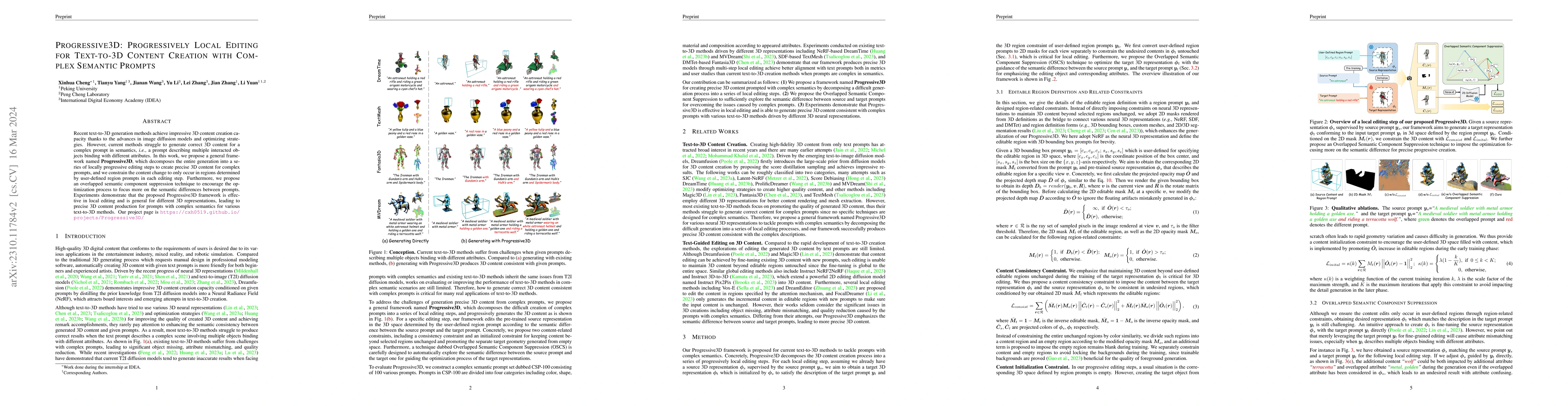 Thumbnail for Progressive3D: Progressively Local Editing for Text-to-3D Content
  Creation with Complex Semantic Prompts