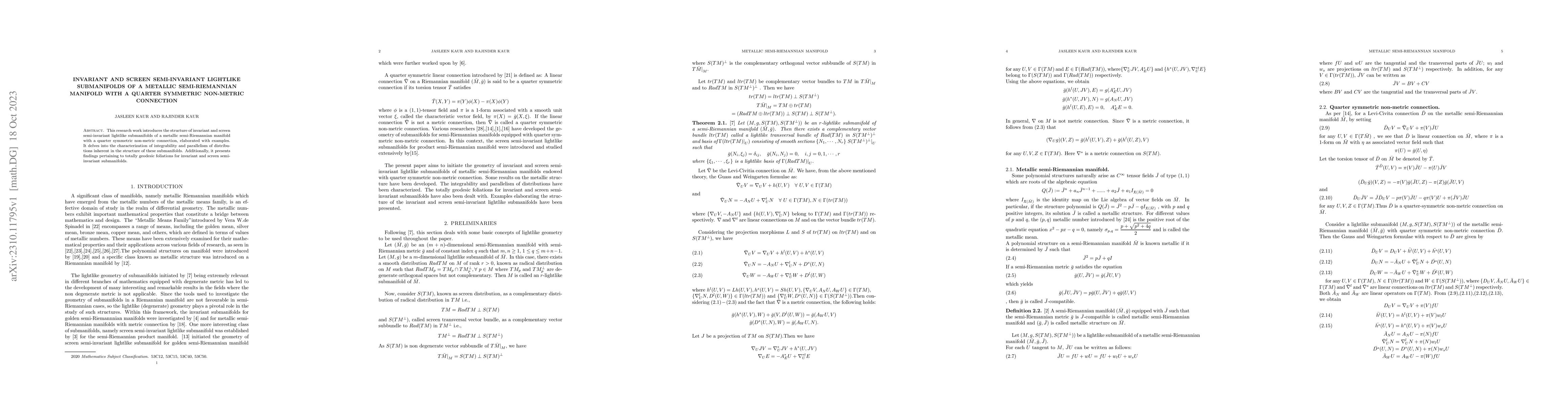 Thumbnail for Invariant and screen semi-invariant lightlike submanifolds of a metallic
  semi-Riemannian manifold with a quarter symmetric non-metric connection