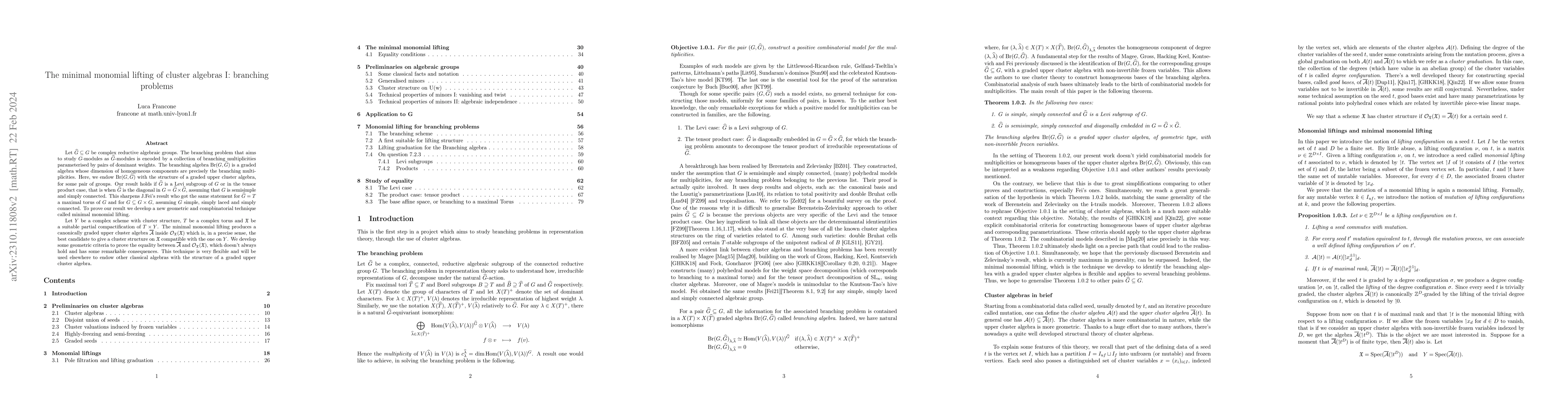 Thumbnail for The minimal monomial lfting of cluster algebras I: branching problems