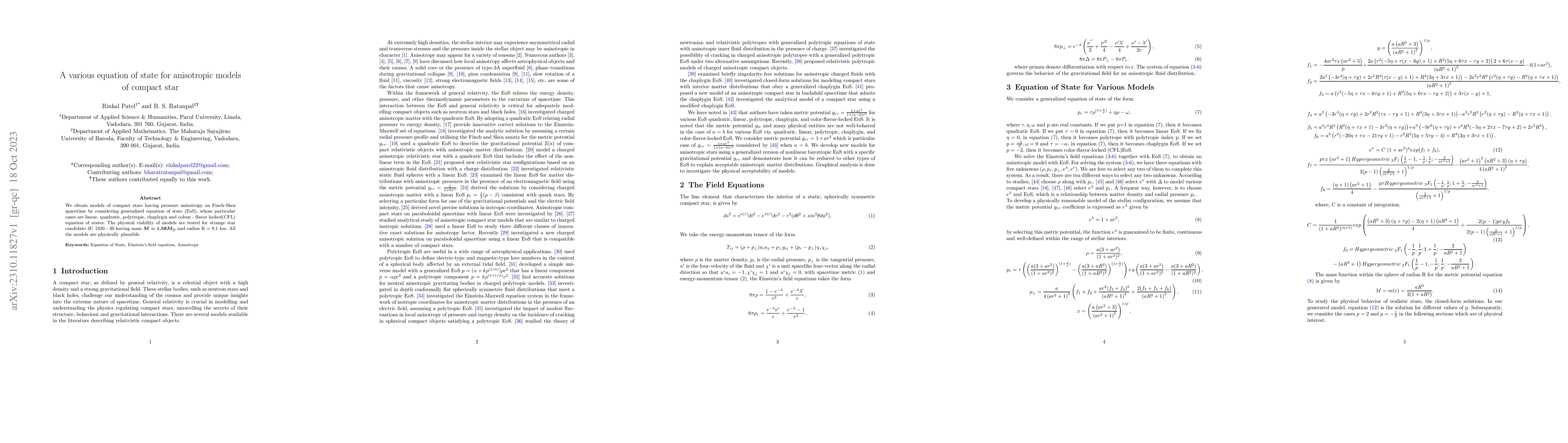 Thumbnail for A various equation of state for anisotropic models of compact star