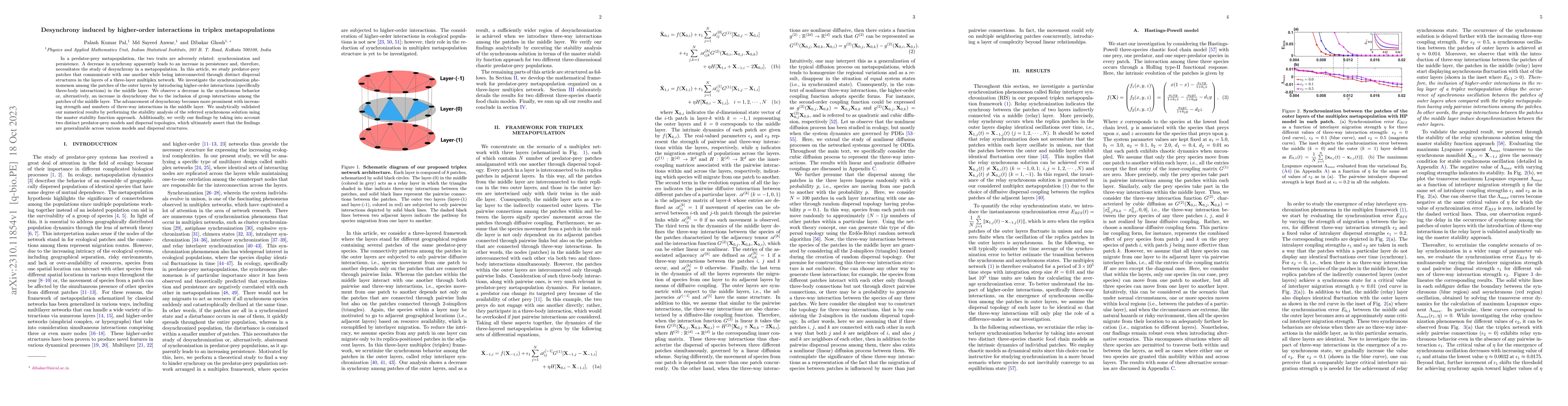 Thumbnail for Desynchrony induced by higher-order interactions in triplex
  metapopulations