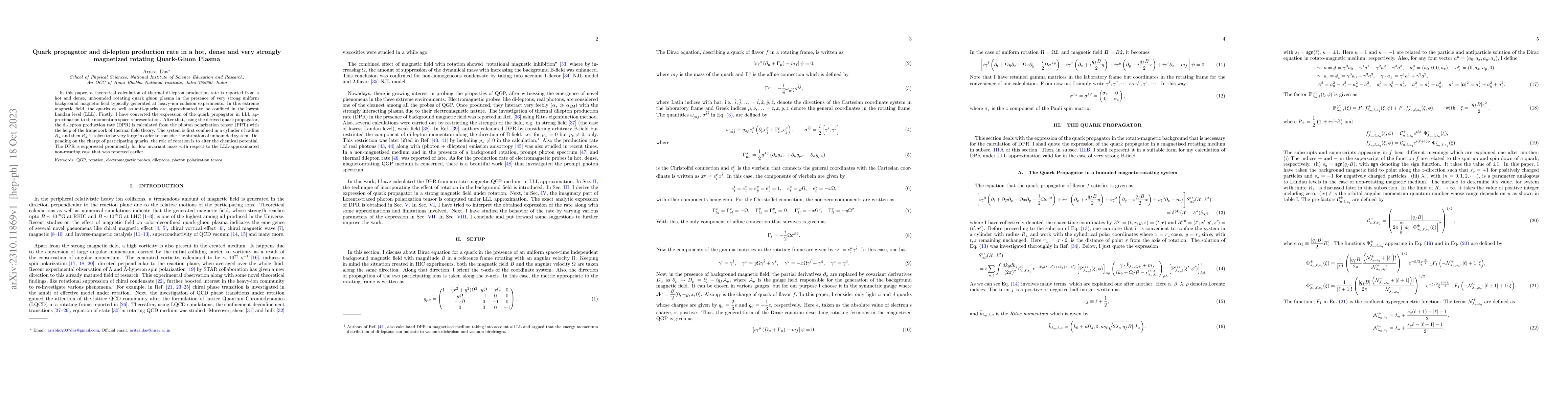 Thumbnail for Quark propagator and di-lepton production rate in a hot, dense and very
  strongly magnetized rotating Quark-Gluon Plasma