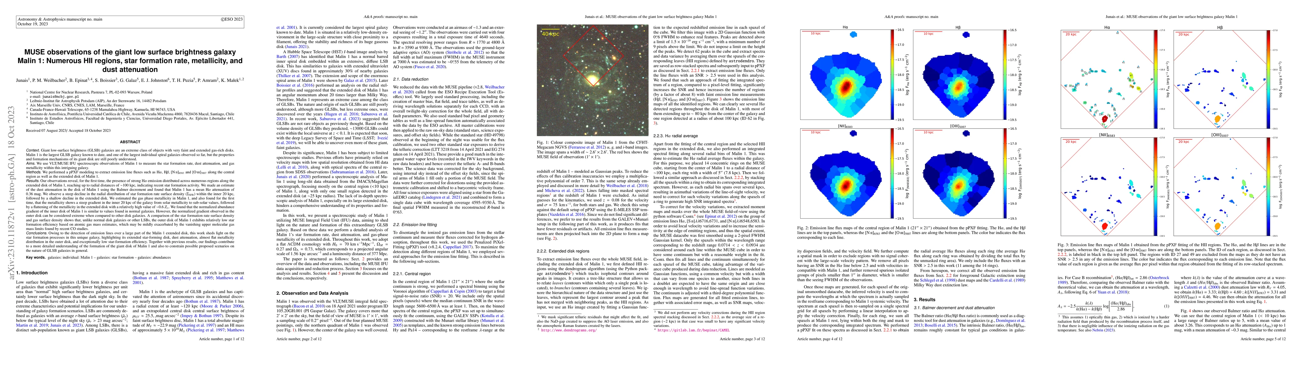 Thumbnail for MUSE observations of the giant low surface brightness galaxy Malin 1:
  Numerous HII regions, star formation rate, metallicity, and dust attenuation