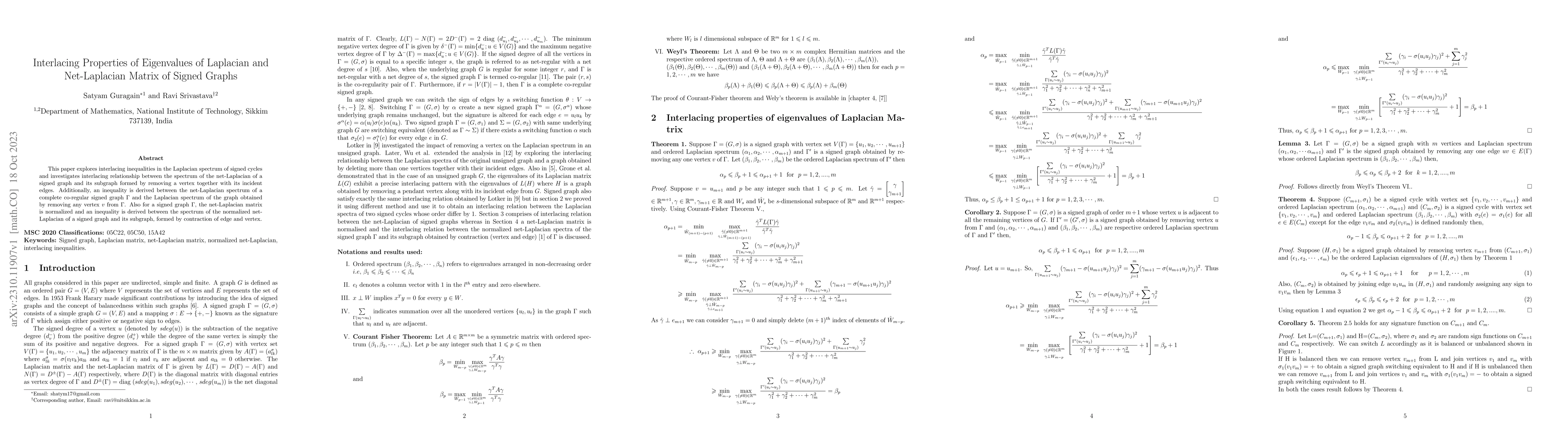 Thumbnail for Interlacing Properties of Eigenvalues of Laplacian and Net-Laplacian
  Matrix of Signed Graphs