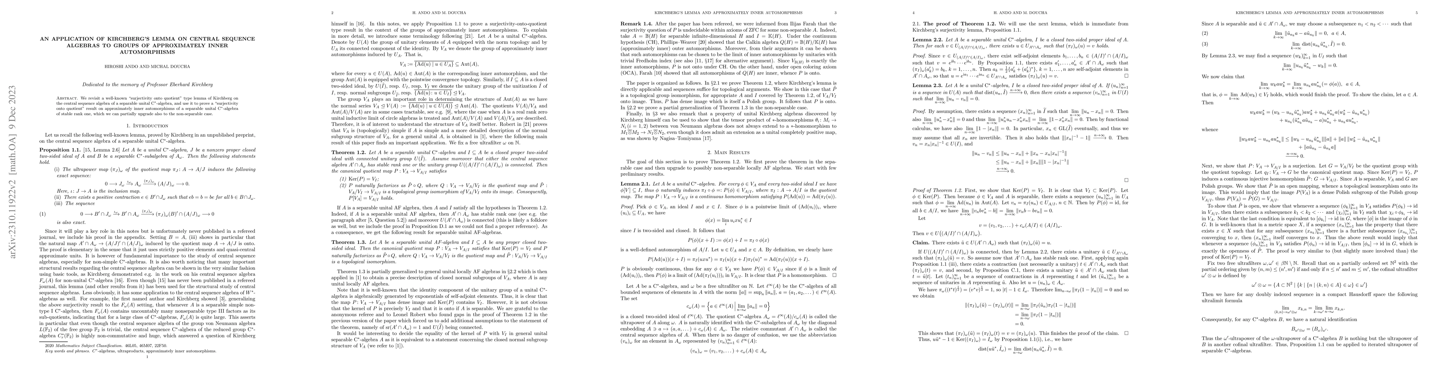 Thumbnail for An application of Kirchberg's lemma on central sequence algebras to
  groups of approximately inner automorphisms