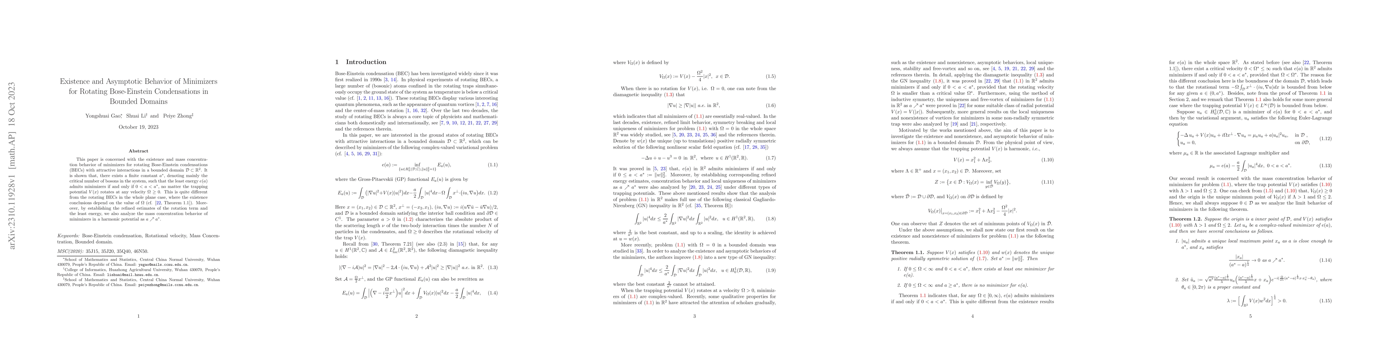 Thumbnail for Existence and Asymptotic Behavior of Minimizers for Rotating
  Bose-Einstein Condensations in Bounded Domains