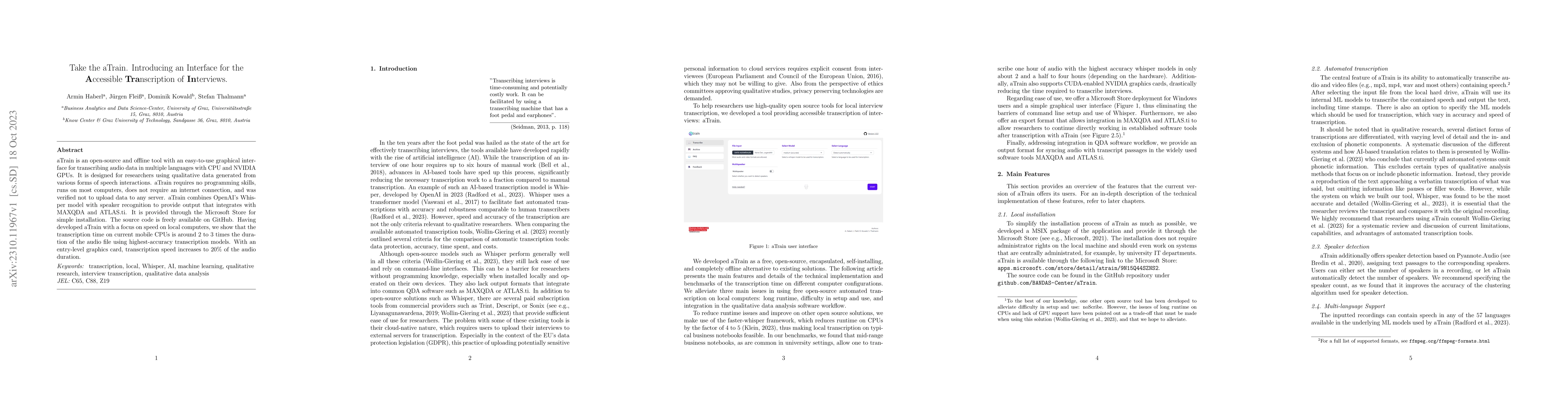 Thumbnail for Take the aTrain. Introducing an Interface for the Accessible
  Transcription of Interviews