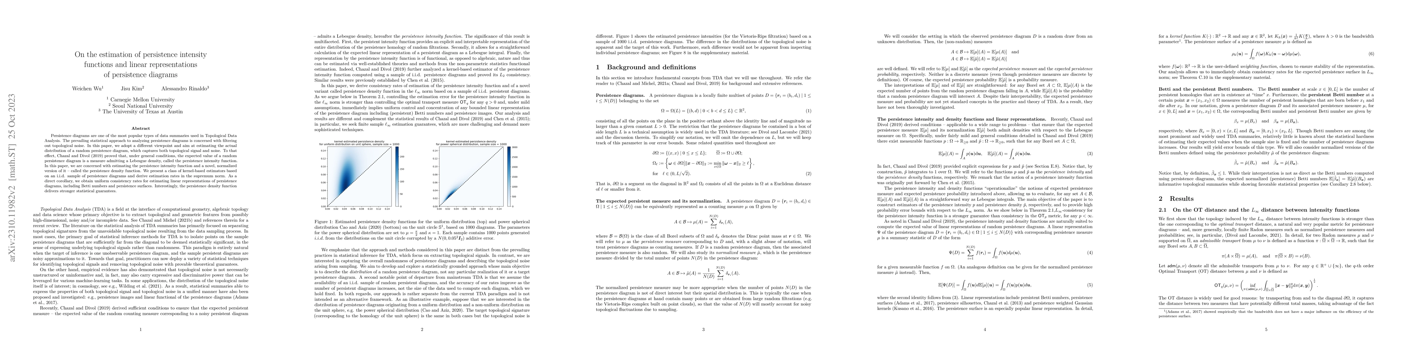 Thumbnail for On the estimation of persistence intensity functions and linear
  representations of persistence diagrams