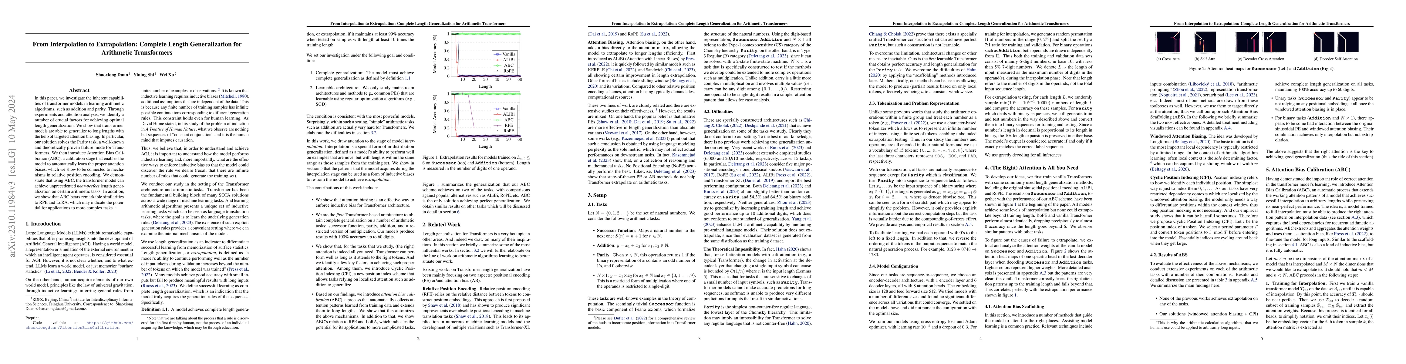 Thumbnail for From Interpolation to Extrapolation: Complete Length Generalization for
  Arithmetic Transformers