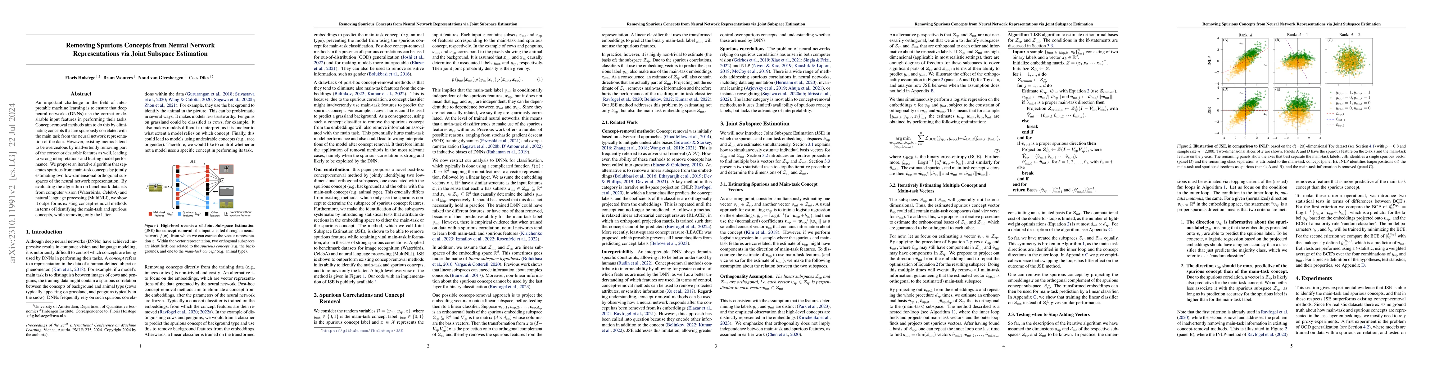 Thumbnail for Removing Spurious Concepts from Neural Network Representations via Joint
  Subspace Estimation