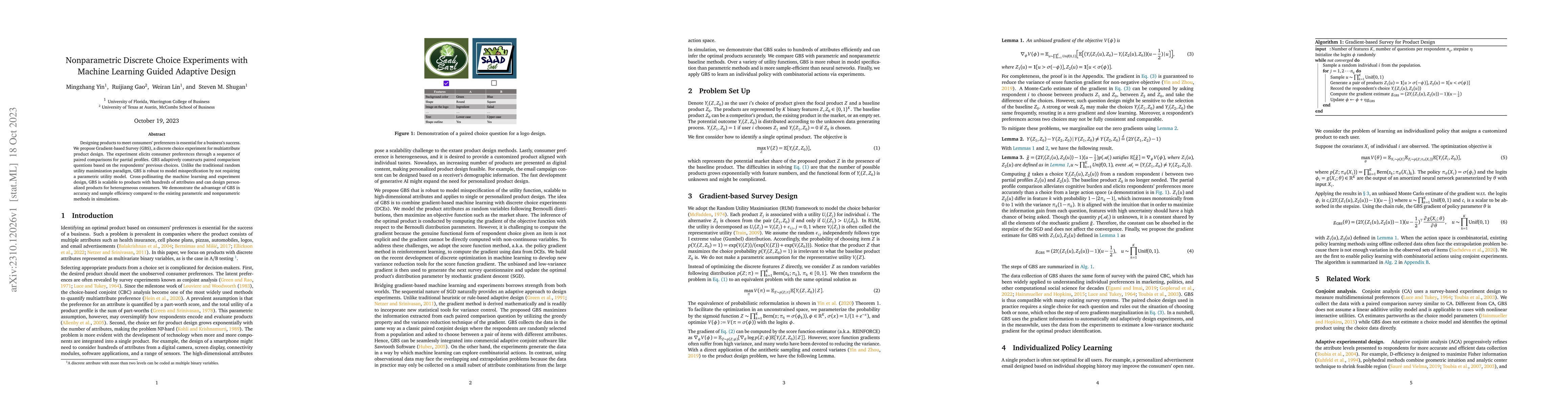Thumbnail for Nonparametric Discrete Choice Experiments with Machine Learning Guided
  Adaptive Design
