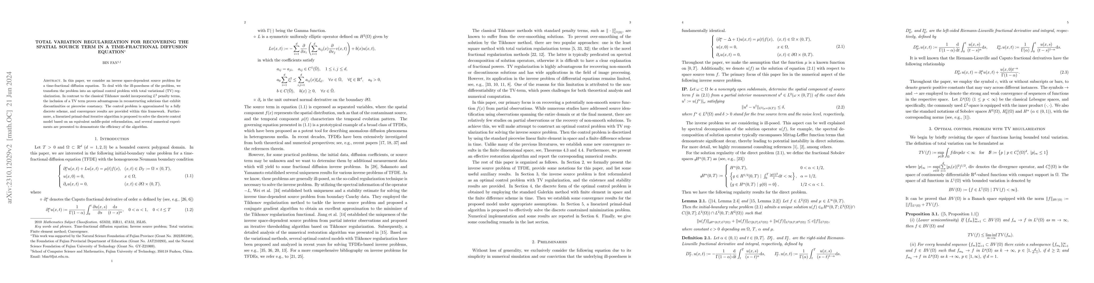 Thumbnail for Total variation regularization for recovering the spatial source term in
  a time-fractional diffusion equation