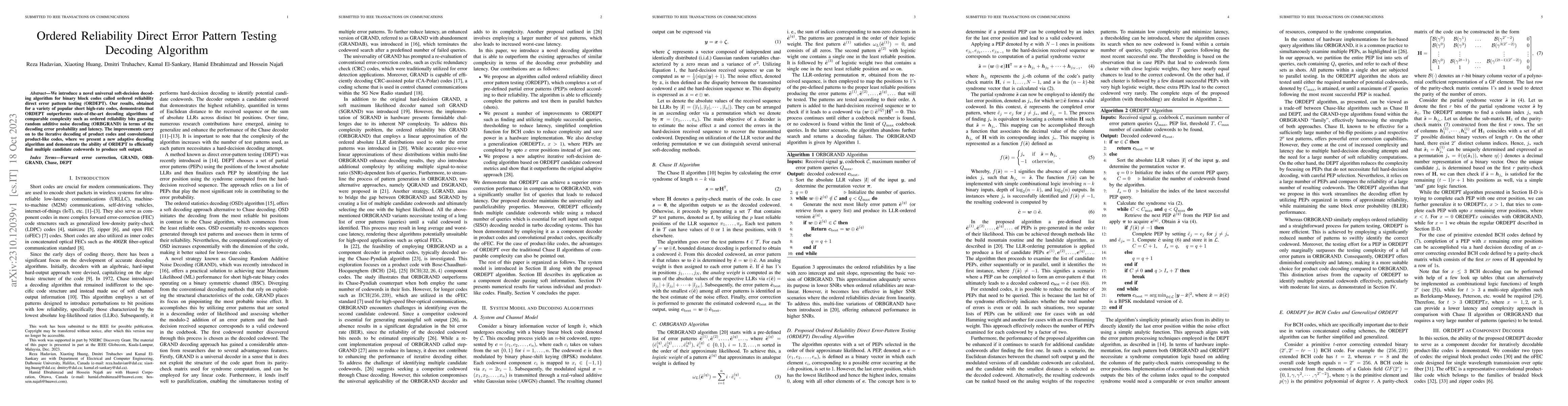 Thumbnail for Ordered Reliability Direct Error Pattern Testing Decoding Algorithm