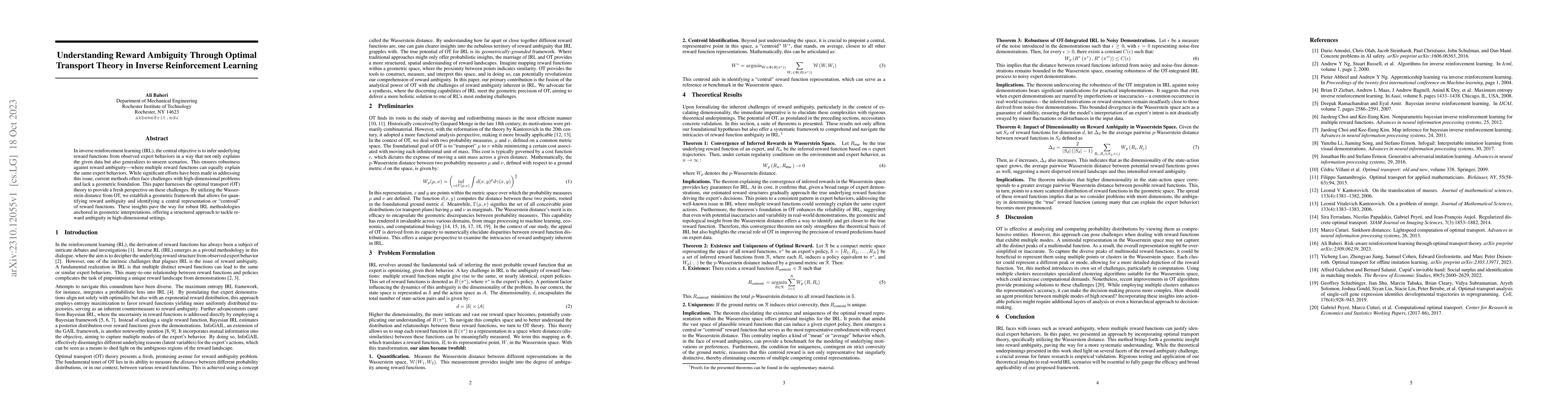 Thumbnail for Understanding Reward Ambiguity Through Optimal Transport Theory in
  Inverse Reinforcement Learning