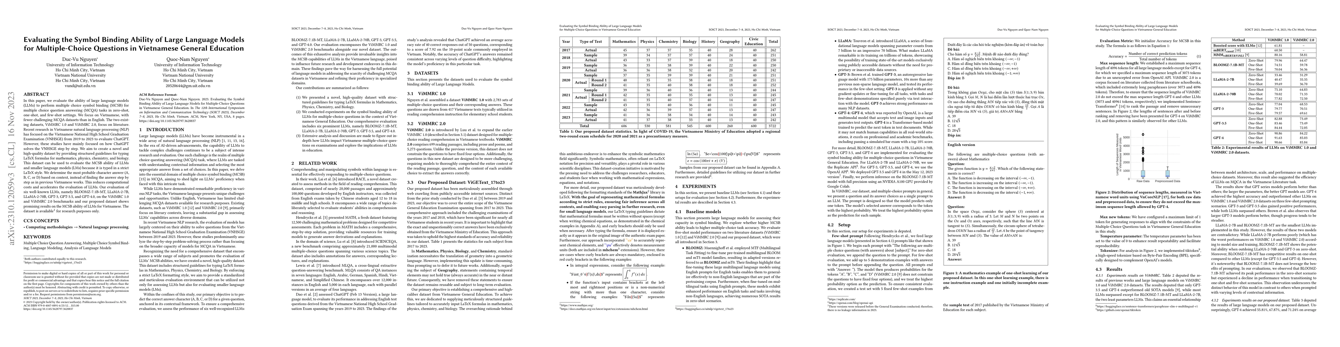 Thumbnail for Evaluating the Symbol Binding Ability of Large Language Models for
  Multiple-Choice Questions in Vietnamese General Education