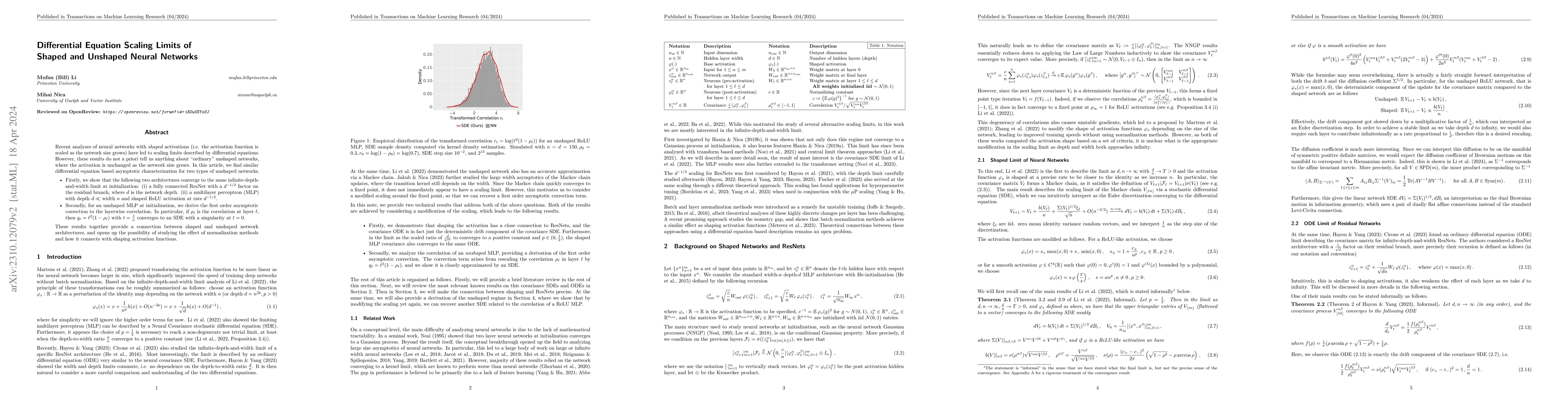 Thumbnail for Differential Equation Scaling Limits of Shaped and Unshaped Neural
  Networks