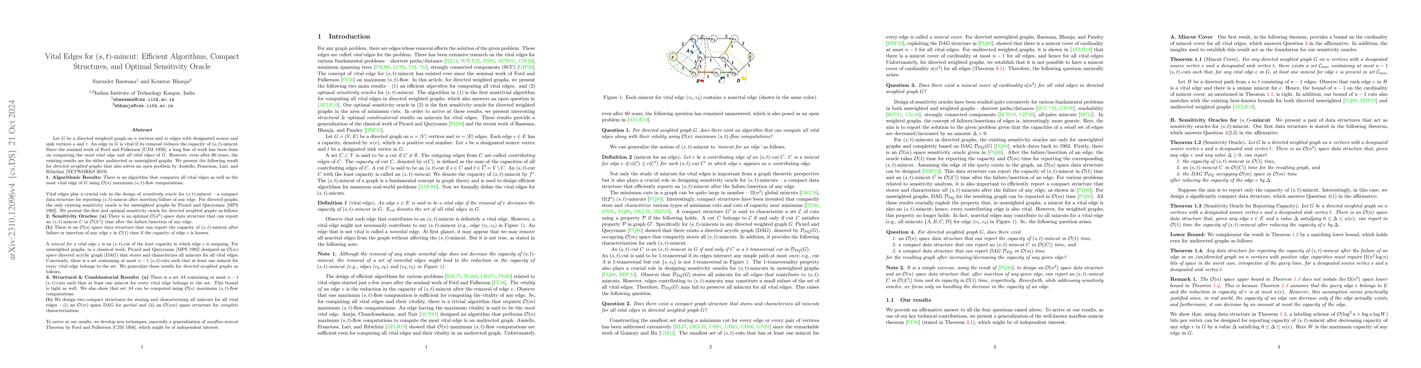 Thumbnail for Vital Edges for (s,t)-mincut: Efficient Algorithms, Compact Structures,
  and Optimal Sensitivity Oracle