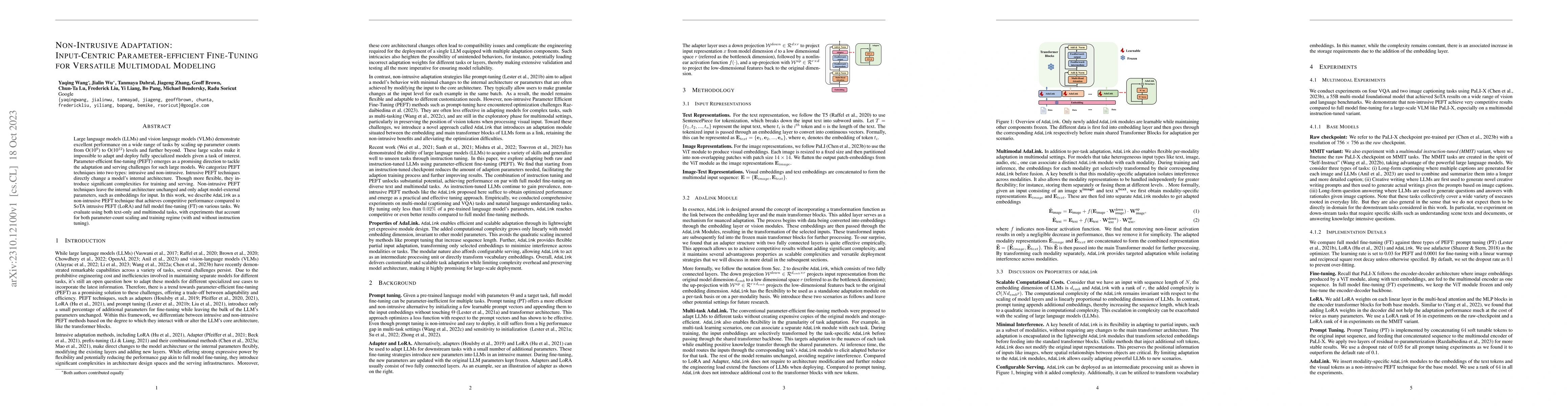 Thumbnail for Non-Intrusive Adaptation: Input-Centric Parameter-efficient Fine-Tuning
  for Versatile Multimodal Modeling
