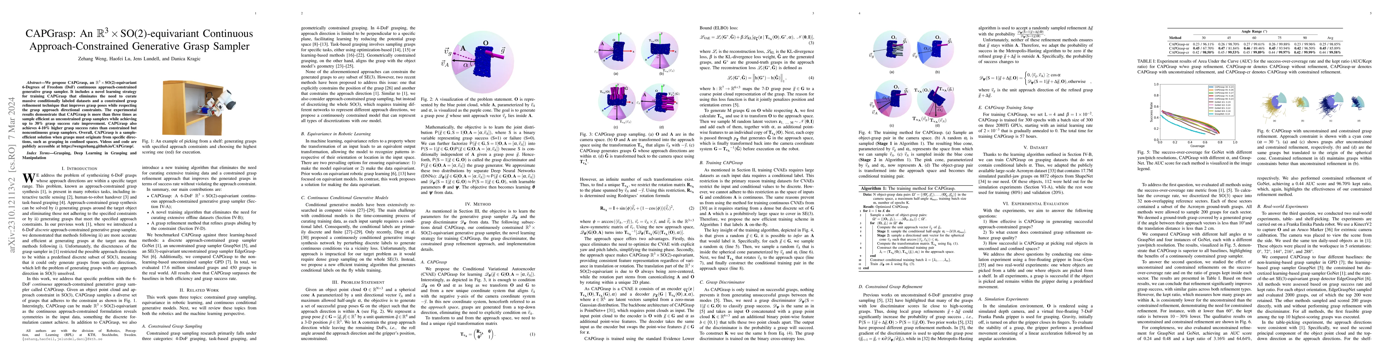 Thumbnail for CAPGrasp: An $\mathbb{R}^3\times \text{SO(2)-equivariant}$ Continuous
  Approach-Constrained Generative Grasp Sampler
