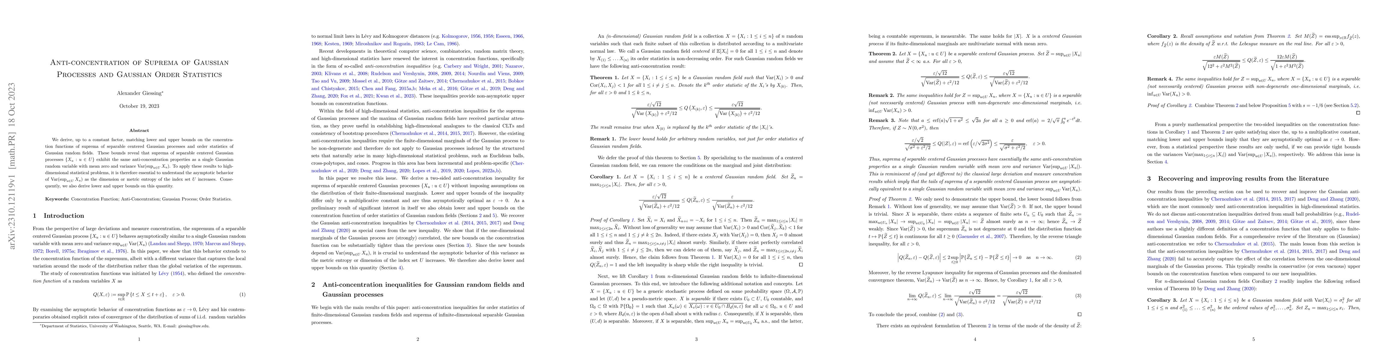 Thumbnail for Anti-concentration of Suprema of Gaussian Processes and Gaussian Order
  Statistics