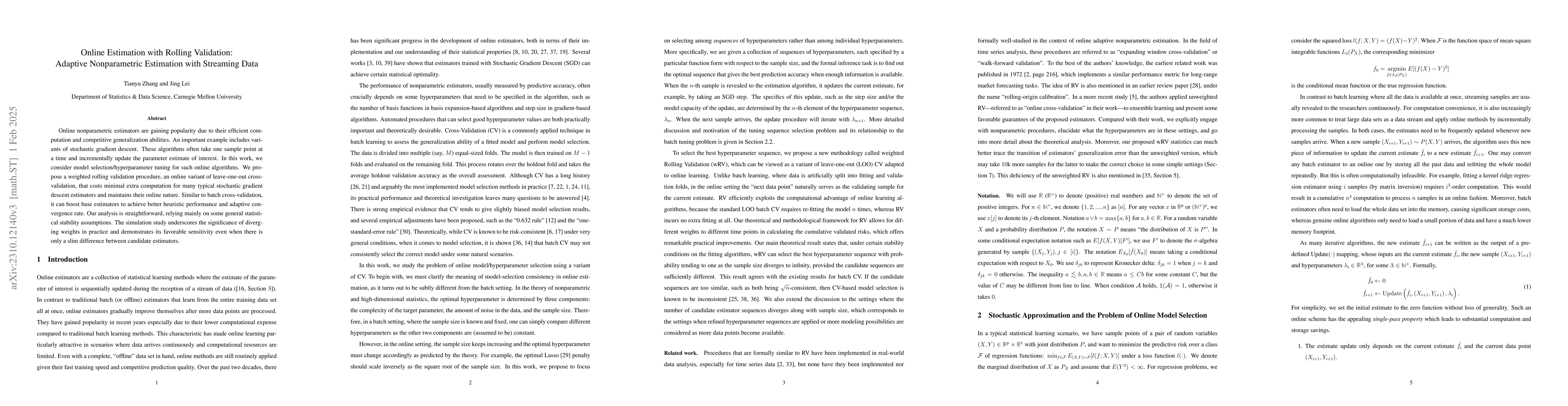 Thumbnail for Online Estimation with Rolling Validation: Adaptive Nonparametric
  Estimation with Streaming Data