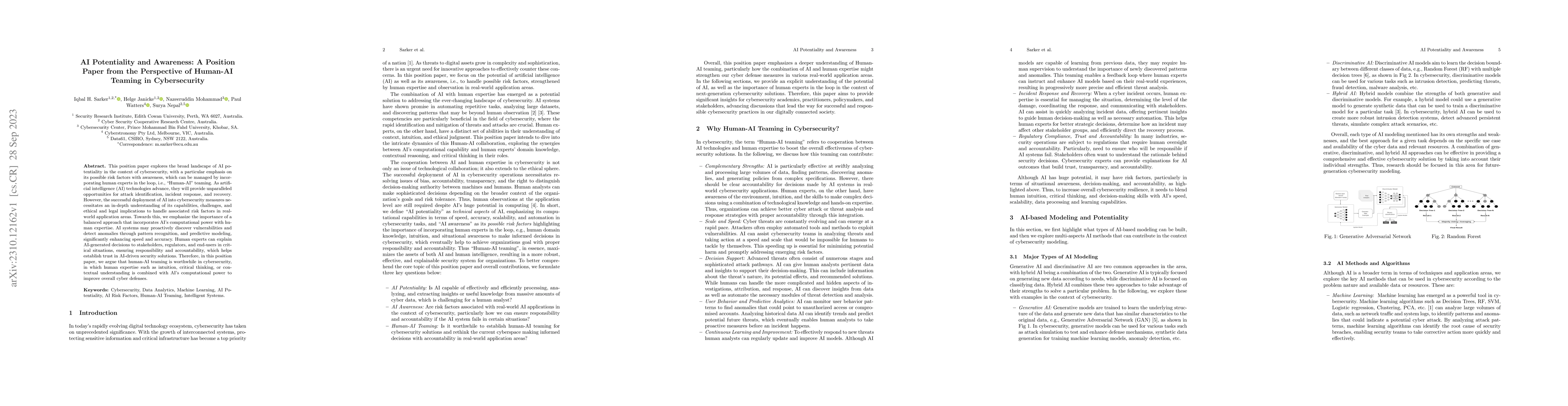 Thumbnail for AI Potentiality and Awareness: A Position Paper from the Perspective of
  Human-AI Teaming in Cybersecurity