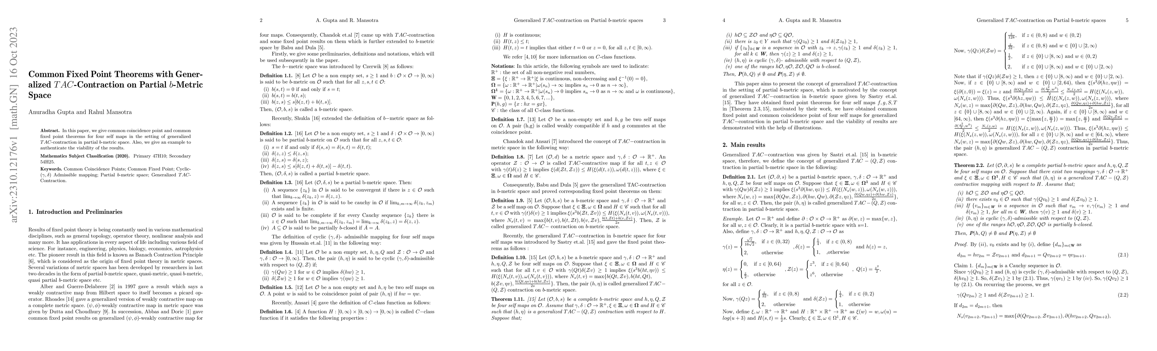 Thumbnail for Common Fixed Point Theorems with Generalized TAC-Contraction on Partial
  b-Metric Space