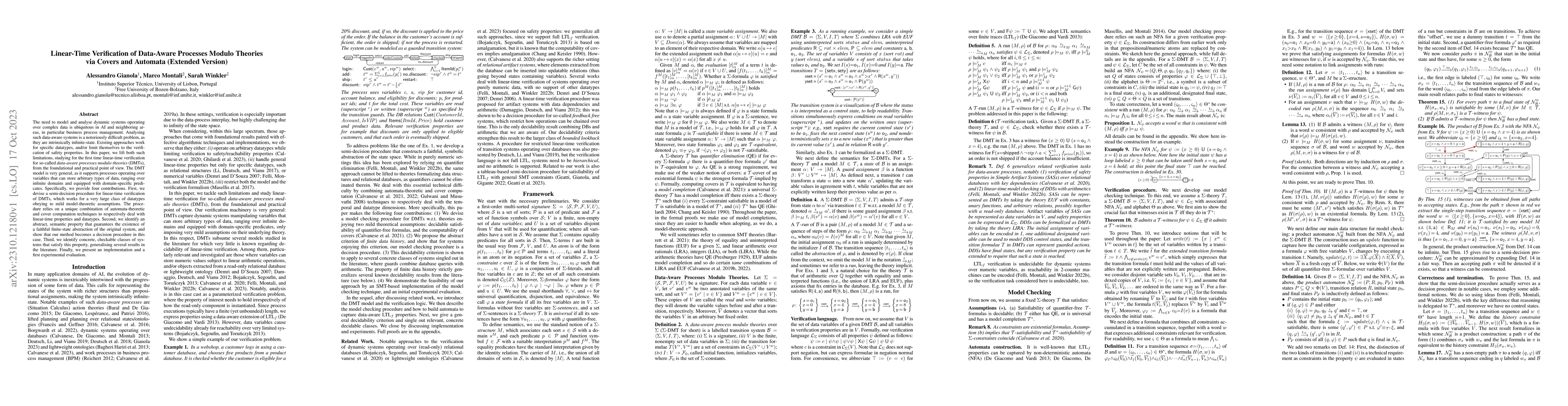 Thumbnail for Linear-Time Verification of Data-Aware Processes Modulo Theories via
  Covers and Automata (Extended Version)