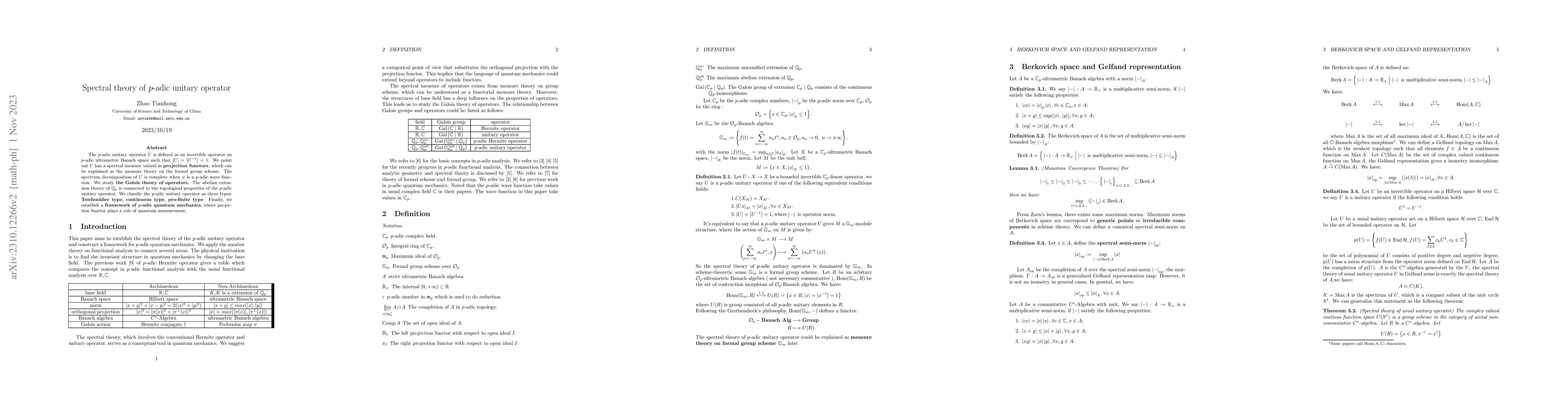 Thumbnail for Spectral theory of $p$-adic unitary operator