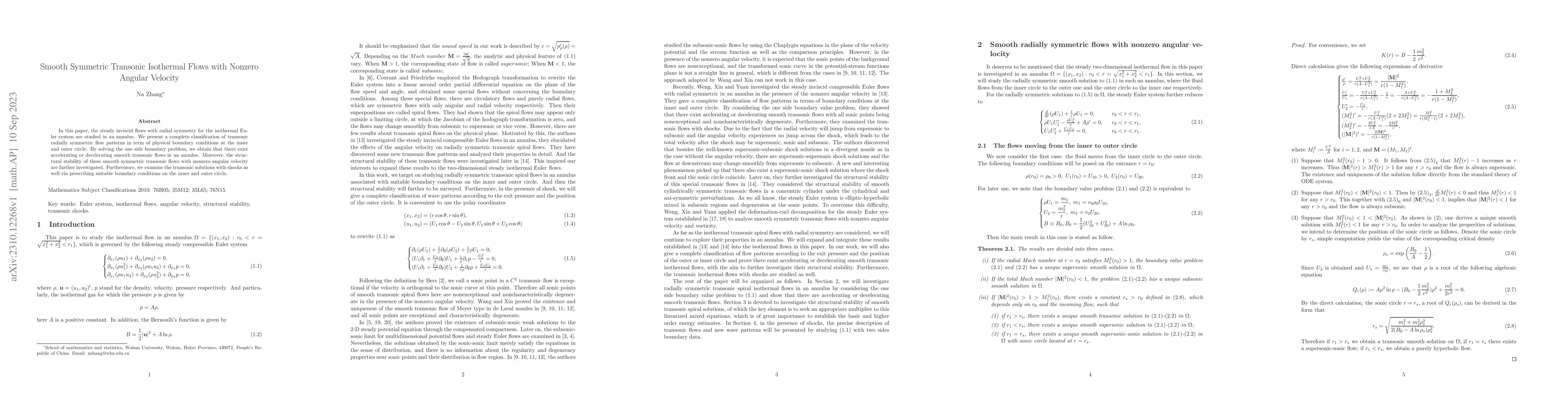 Thumbnail for Smooth Symmetric Transonic Isothermal Flows with Nonzero Angular
  Velocity