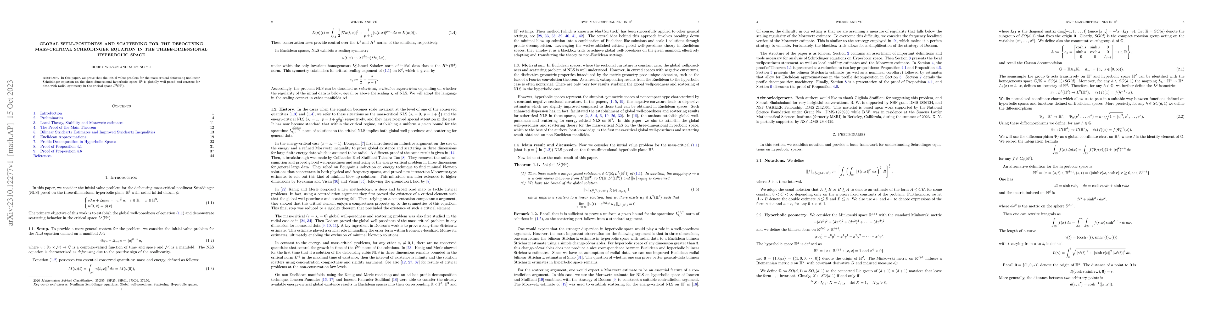 Thumbnail for Global well-posedness and scattering for the defocusing mass-critical
  Schr\"odinger equation in the three-dimensional hyperbolic space