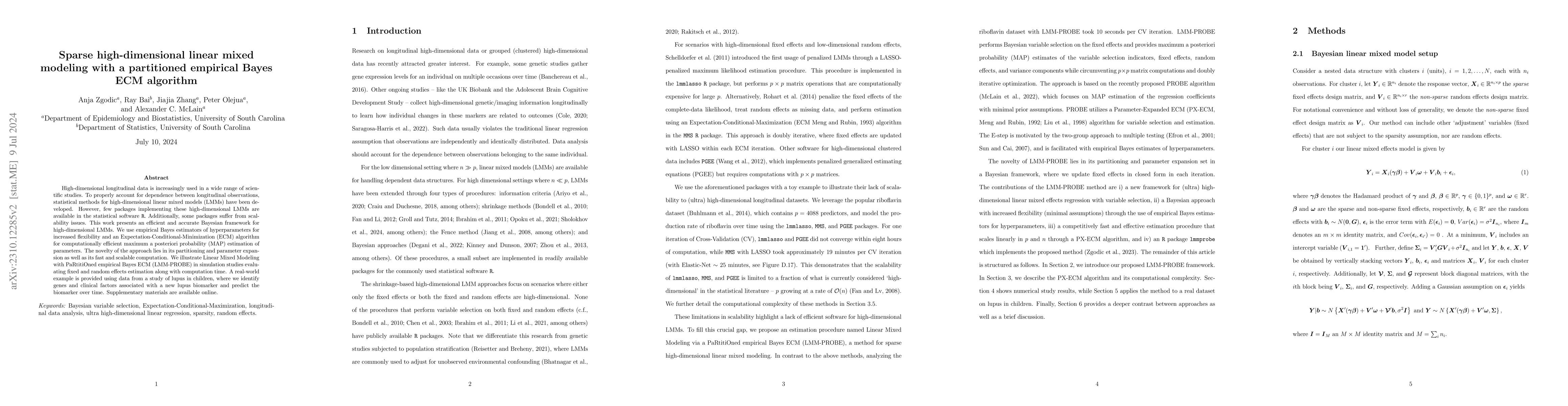 Thumbnail for Sparse high-dimensional linear mixed modeling with a partitioned
  empirical Bayes ECM algorithm