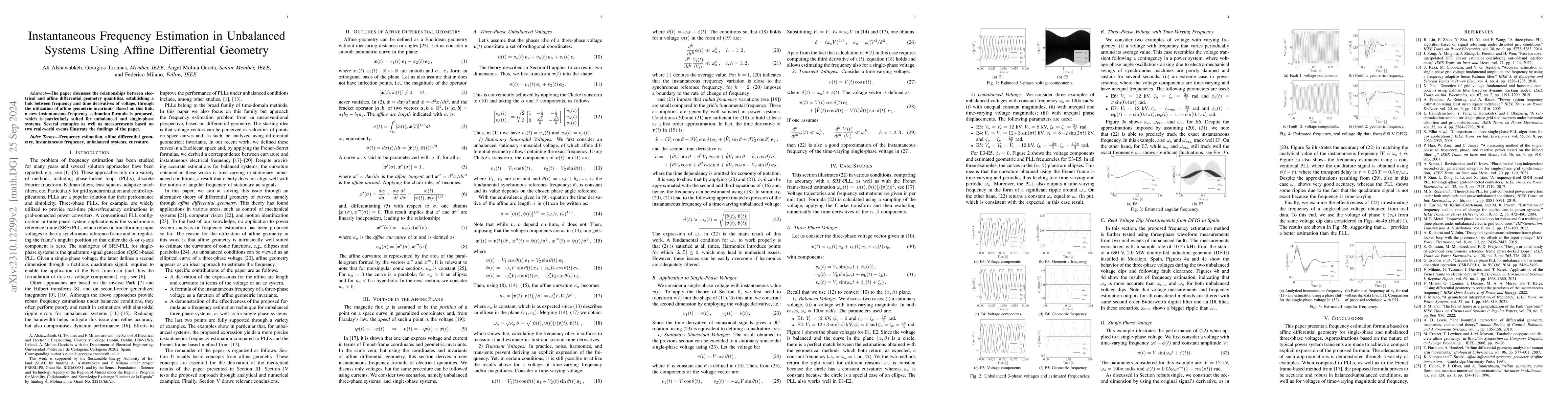 Thumbnail for Instantaneous Frequency Estimation in Unbalanced Systems Using Affine
  Differential Geometry