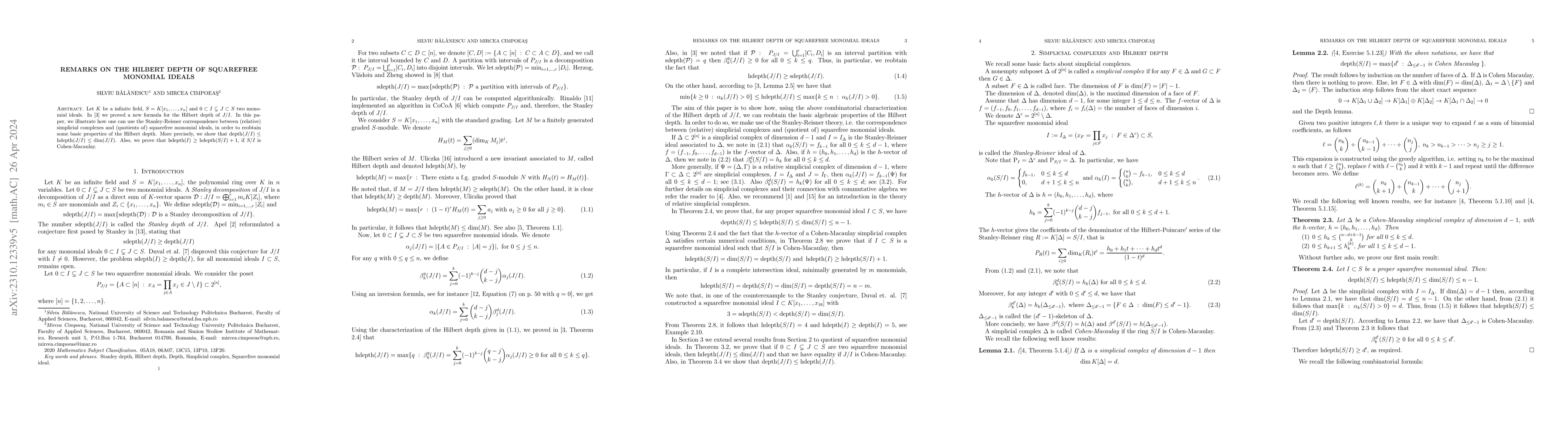 Thumbnail for Remarks on the Hilbert depth of squarefree monomial ideals