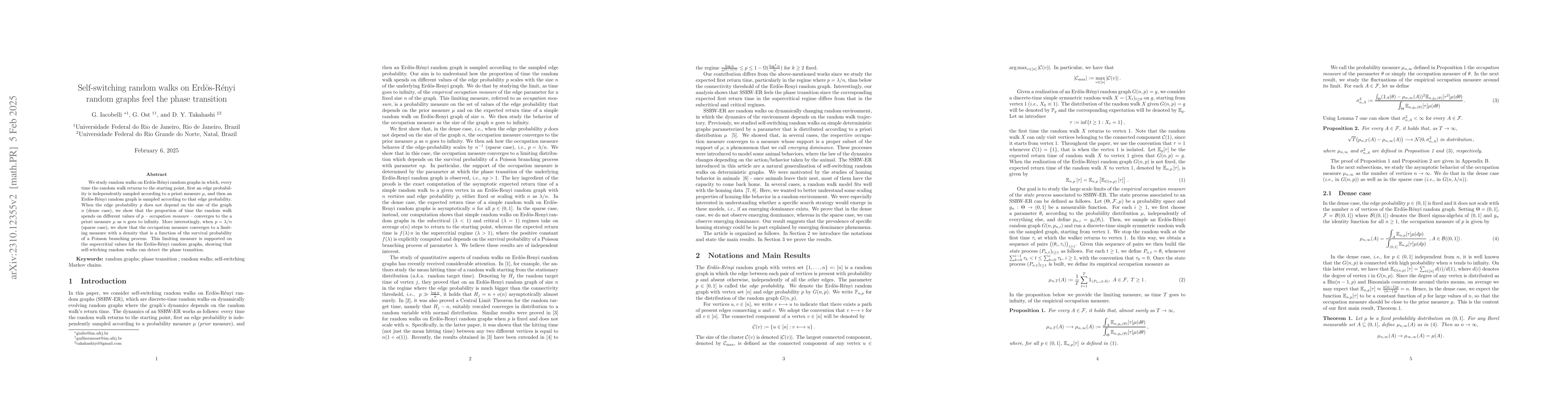 Thumbnail for Self-switching random walks on Erd\"os-R\'enyi random graphs feel the
  phase transition