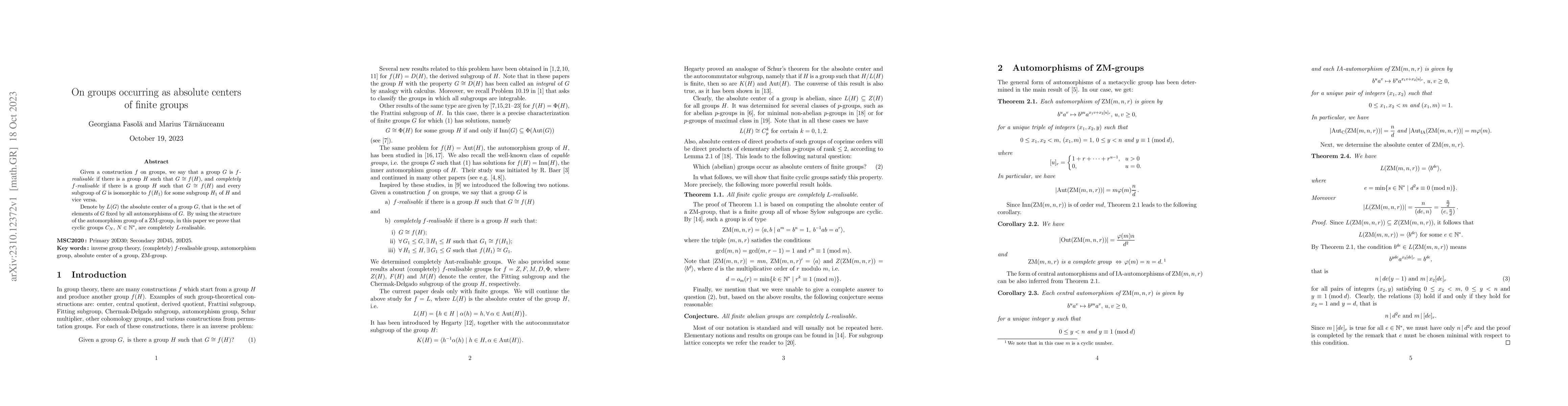 Thumbnail for On groups occurring as absolute centers of finite groups
