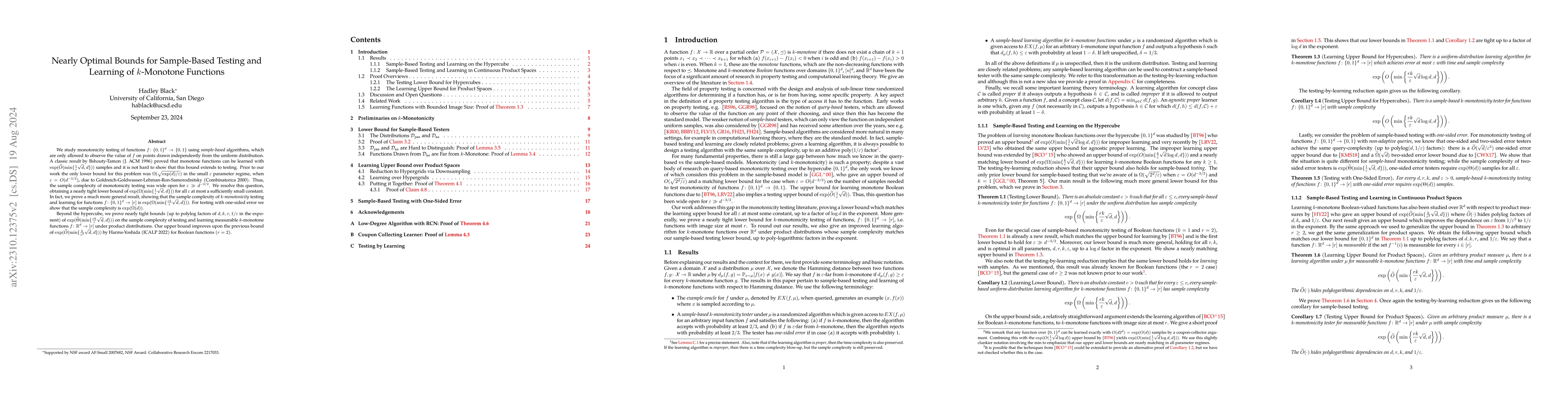 Thumbnail for Nearly Optimal Bounds for Sample-Based Testing and Learning of
  $k$-Monotone Functions