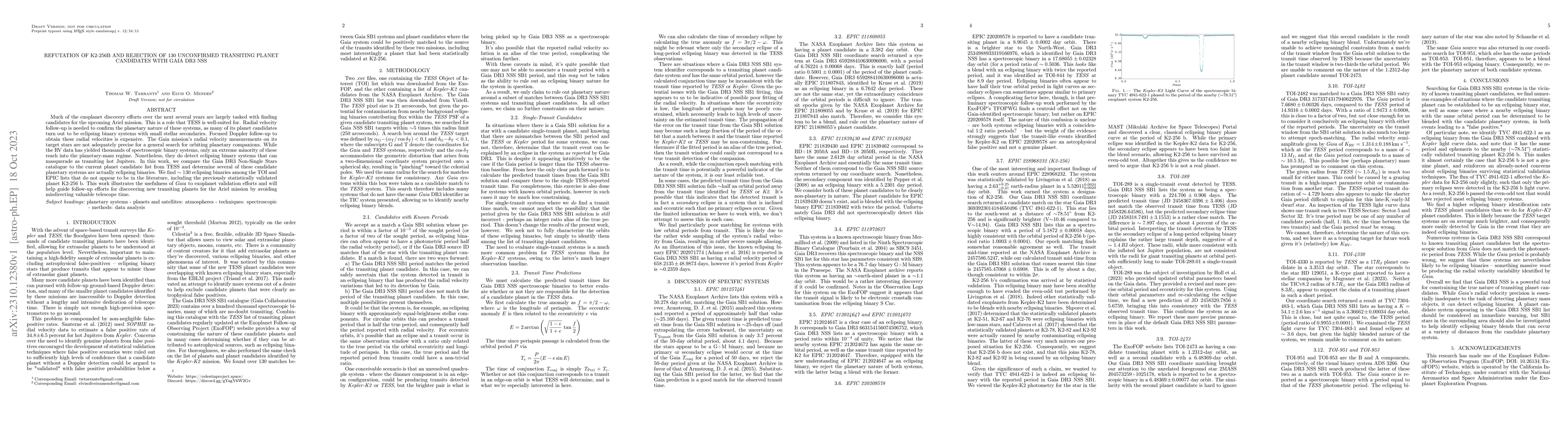 Thumbnail for Refutation of K2-256b and Rejection of 130 Unconfirmed Transiting Planet
  Candidates with Gaia DR3 NSS