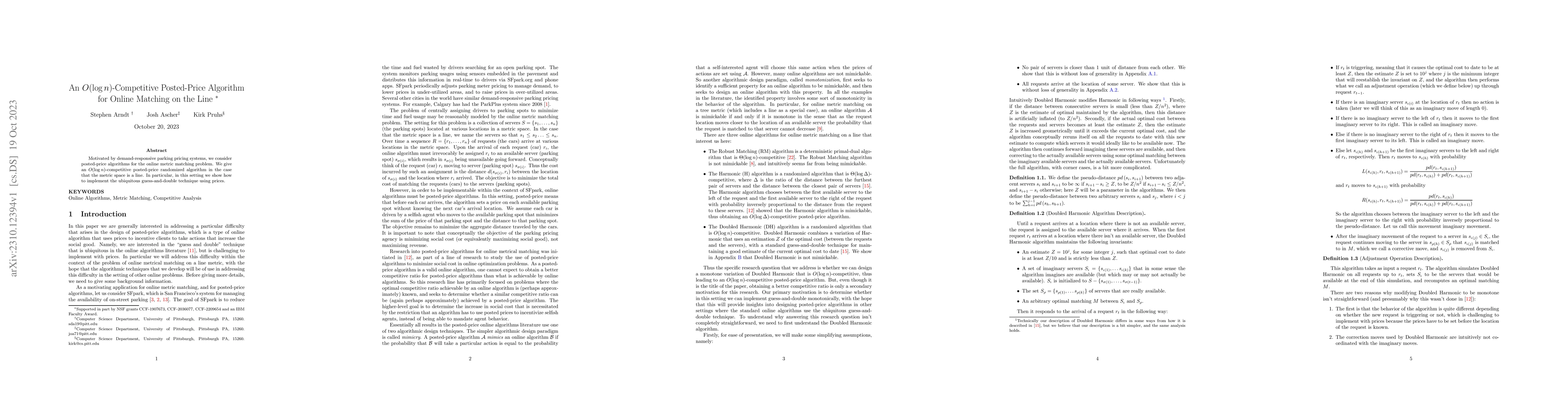 Thumbnail for An $O(\log n)$-Competitive Posted-Price Algorithm for Online Matching on
  the Line