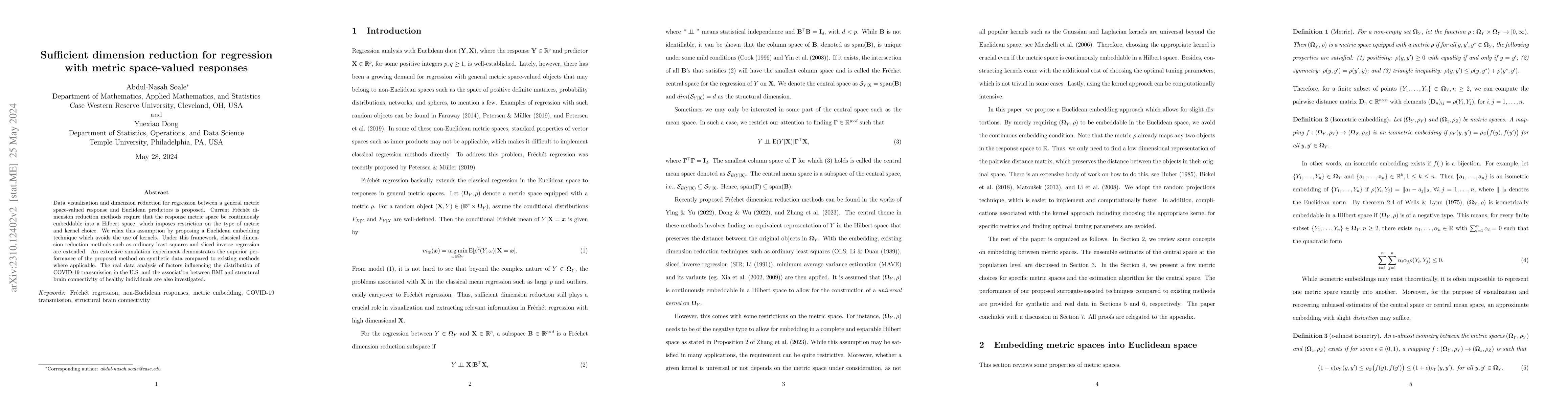 Thumbnail for Sufficient dimension reduction for regression with metric space-valued
  responses