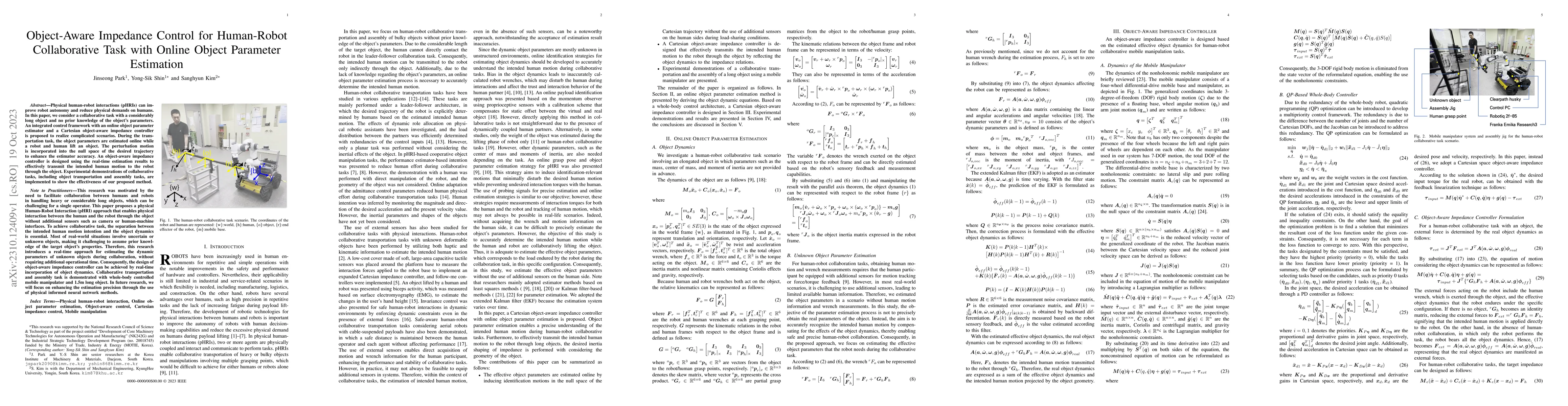 Thumbnail for Object-Aware Impedance Control for Human-Robot Collaborative Task with
  Online Object Parameter Estimation