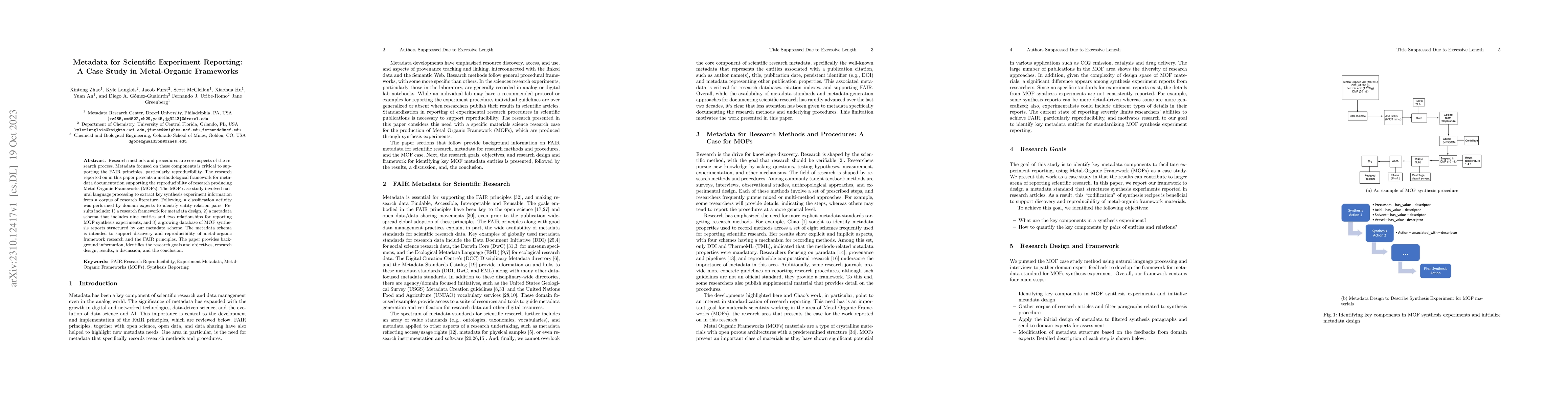 Thumbnail for Metadata for Scientific Experiment Reporting: A Case Study in
  Metal-Organic Frameworks
