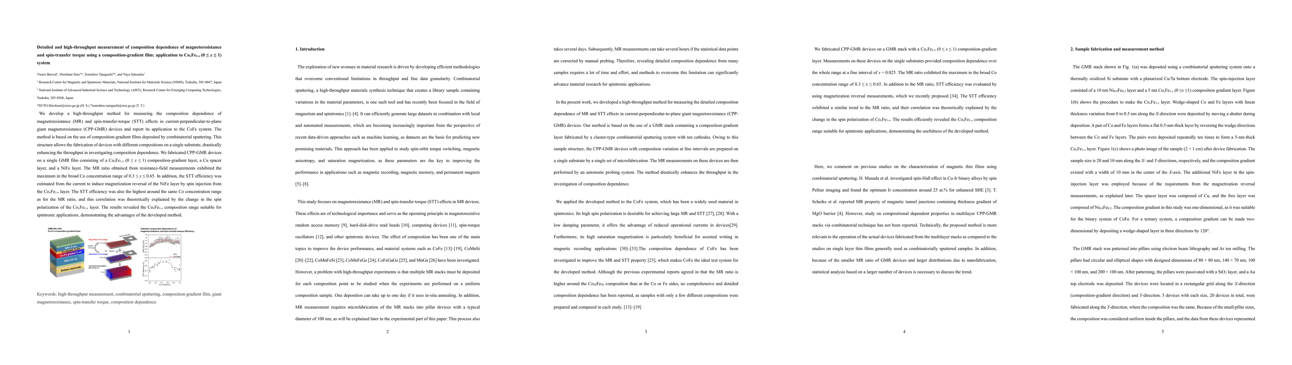 Thumbnail for Detailed and high-throughput measurement of composition dependence of
  magnetoresistance and spin-transfer torque using a composition-gradient film:
  application to Co$_{x}$Fe$_{1-x}$ (0 $\le$ $\textit{x}$ $\le$ 1) system