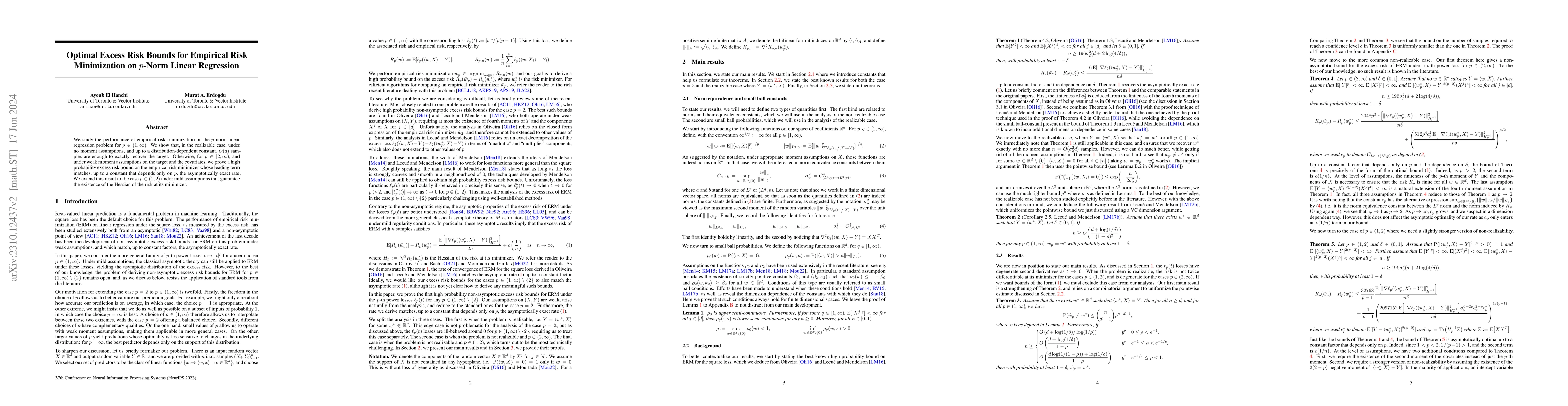 Thumbnail for Optimal Excess Risk Bounds for Empirical Risk Minimization on $p$-Norm
  Linear Regression