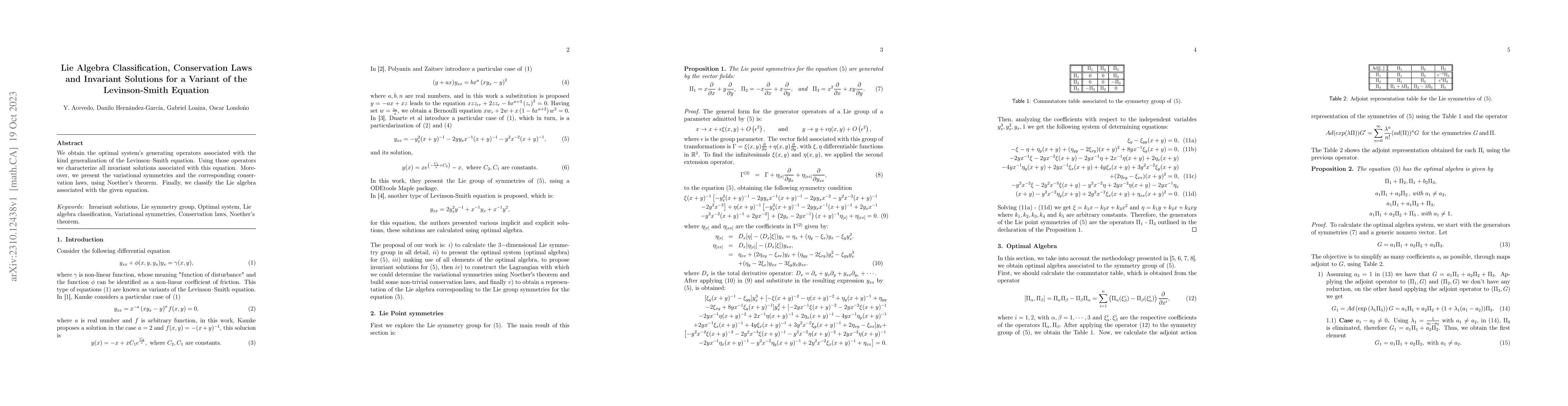 Thumbnail for Lie Algebra Classification, Conservation Laws and Invariant Solutions
  for a Variant of the Levinson-Smith Equation